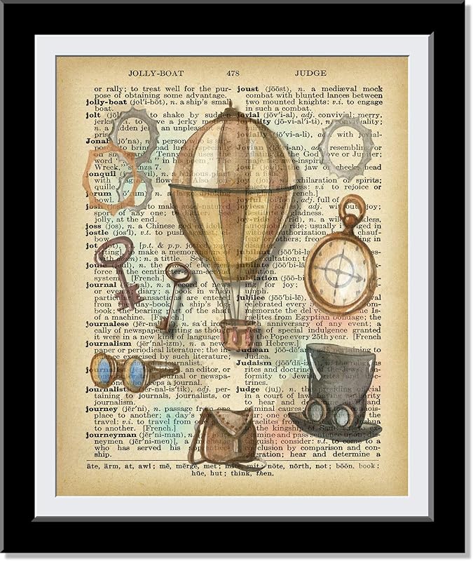Vintage Hot Air Balloon Dictionary Wall Art Prints - Gift for Steampunk Fans and Hot Air Balloon Enthusiasts - Decor Vintage Print Dictionary Wall Art Pictures Paintings UnFramed…
