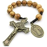 TALISMAN4U Bronze St Benedict One Decade Pocket Rosary Olive Wood Beads | Saint Benedict Medal, 10mm Prayer Beads, Tenner Rosaries for Men Women, Catholic Gift, Linen Rosary Pouch