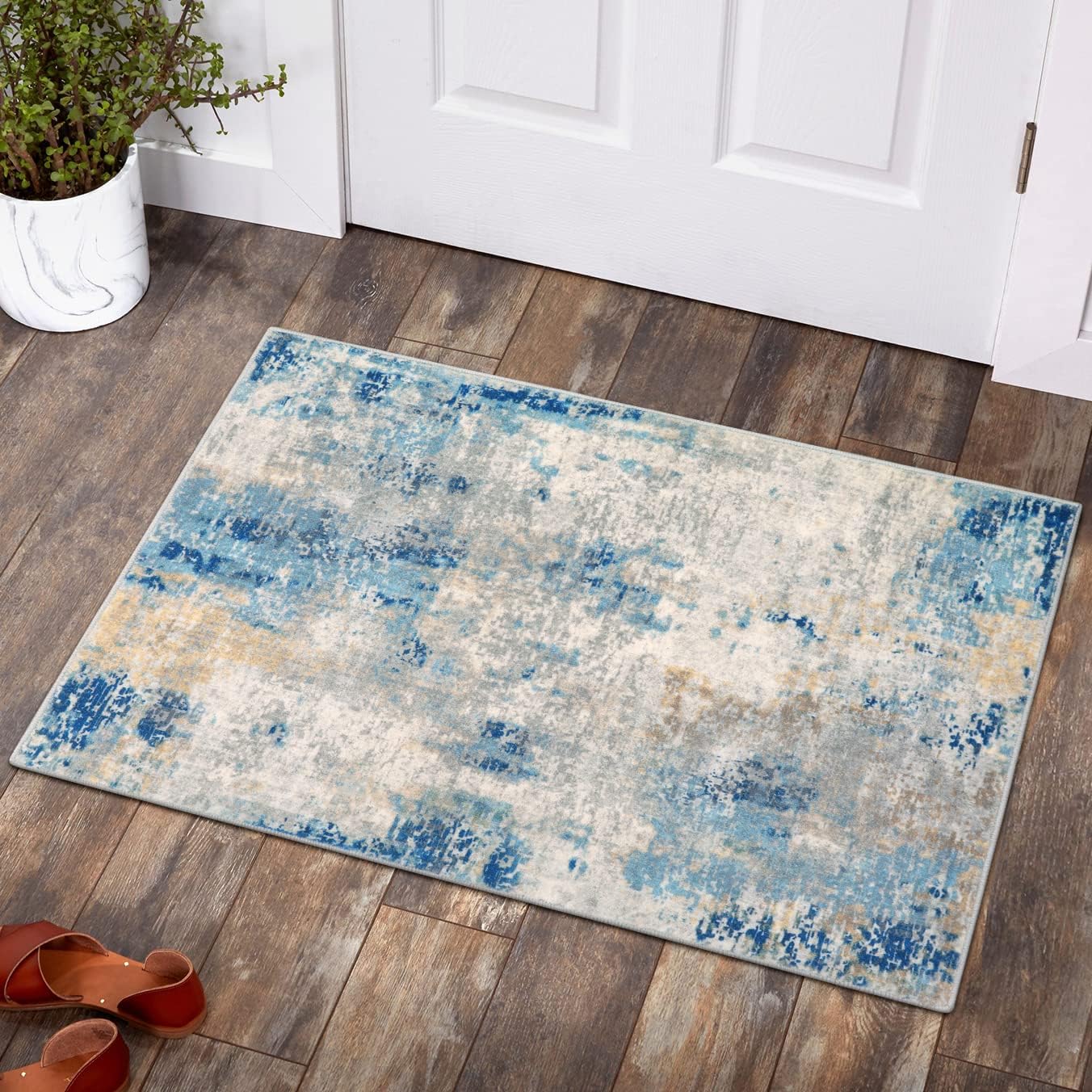 Rugs, Pads & Protectors - Lahome Modern Abstract Area Rug - 2x3 Washable Small Front Door Rug for Entryway Mat Contemporary Faux Wool Non-Slip Soft Floor Indoor Carpet for Living Room Kitchen Bathroom RV,Blue/Yellow/Ivory
