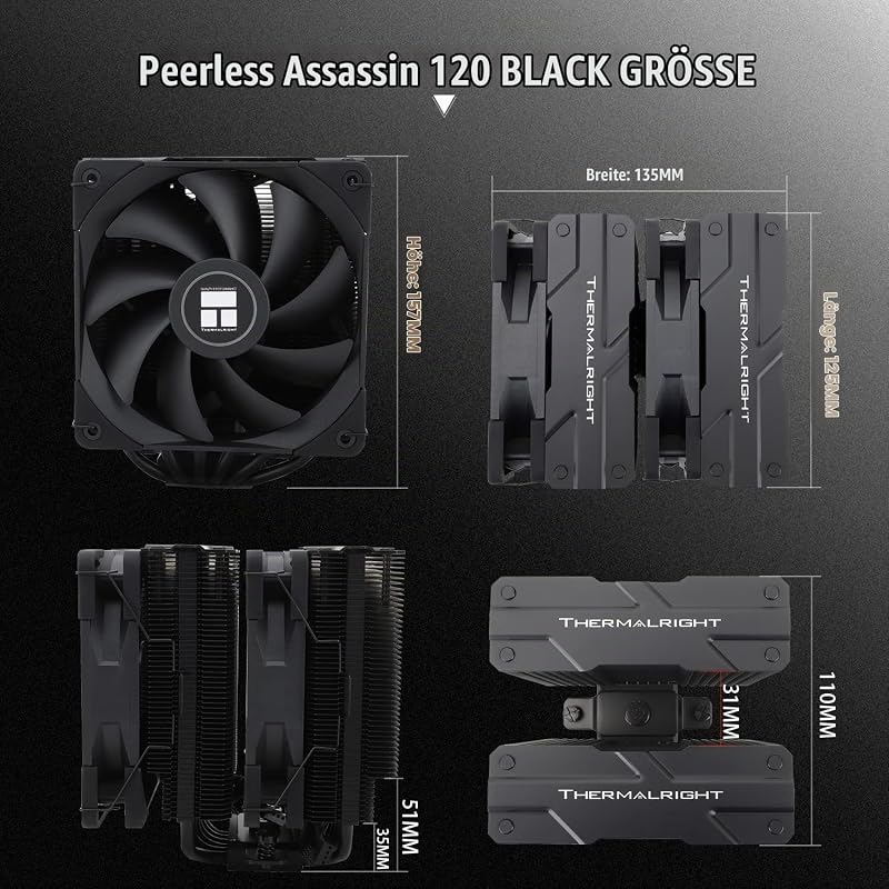 Peerless Assassin 120 Black CPU-Luftkühler, 6 Heatpipes, zwei 120mm C12B PWM Lüfter, Aluminium-Kühlkörperabdeckung, AGHP-Technologie, für AMD AM4/Intel LGA 1700/1150/1151/1200/2066/2011