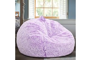 KISOY Fluffy Stuffed Animal Storage Bean Bag Chair Cover (No Filler), Faux Fur Comfy Bean Bag Cover for Organizing Plush Toys or Textile, for Adults Teens Kids Girls, Lavender
