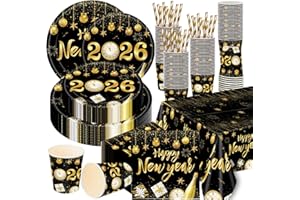 YimaiX 2026 New Year Party Supplies, 121PCS 9in 7in Party Plates Napkins Cups Straws Tablecloth Happy New Year Party Tablewar