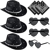 Chicingyou 9 Pack Western Cowboy Hat with Paisley Print Bandanas Heart Sunglasses Adult Cowgirl Hat for Women and Men