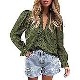 PRETTYGARDEN Women's Dressy Casual Blouse Tops Fall Spring Puff Long Sleeve Button V Neck Hollow Out Lace Embroidered Shirts
