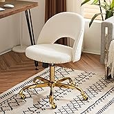VINGLI Modern Velvet Small Office Chair,Cute Desk Chair with Wheels,Gold Base/Studs, Comfy Armless Swivel Vanity Task Chair for Women/Girl/Kids, Nail Tech Chair for Bedroom,Small Space,White
