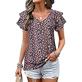 VahRuta Womens Summer Boho Clothes Flowy Tops Floral Shirts V Neck Loose Fit Casual Short Sleeve