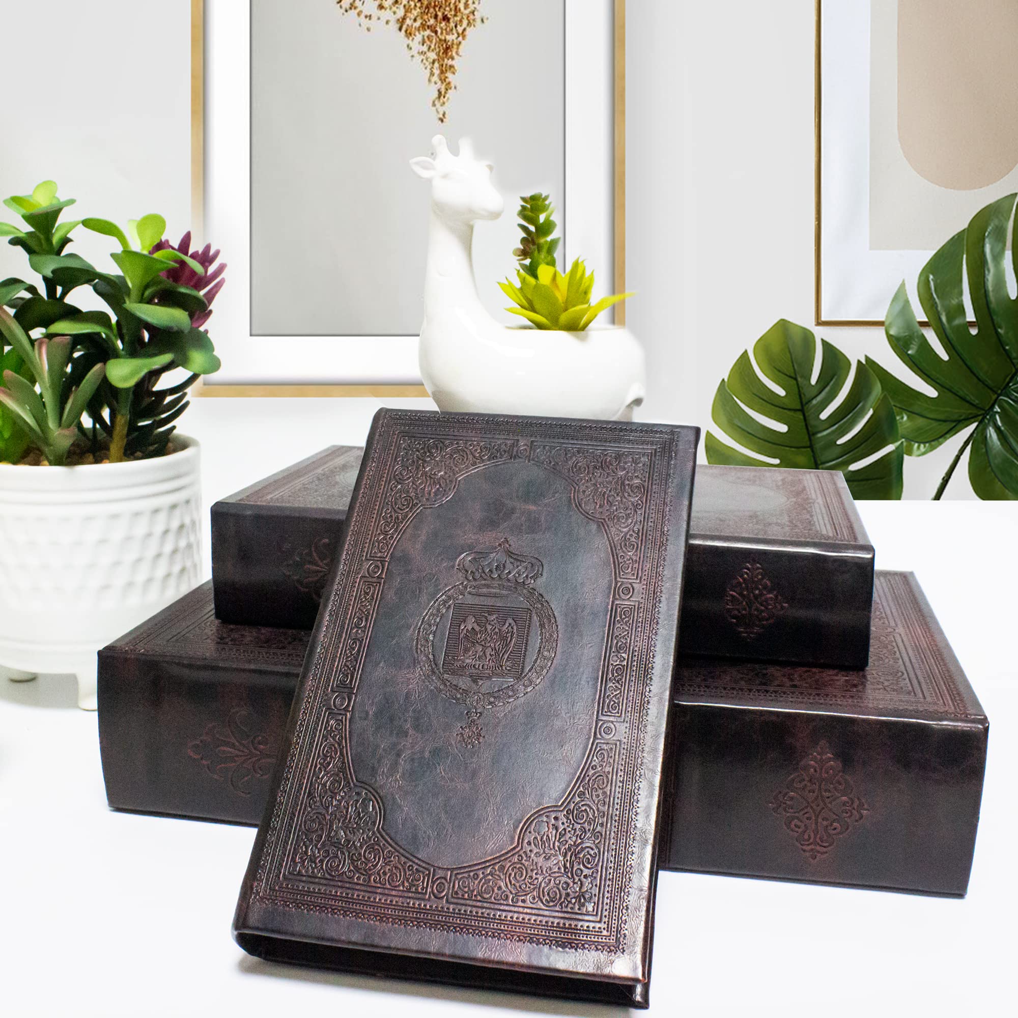Photo 1 of DROFELY Decorative Book Box Set of 3,Trinket Box Book Shaped Storage Box Vintage Style Imitation Leather Decorative Book Boxes Antique Decoration Medal Embossed Pattern