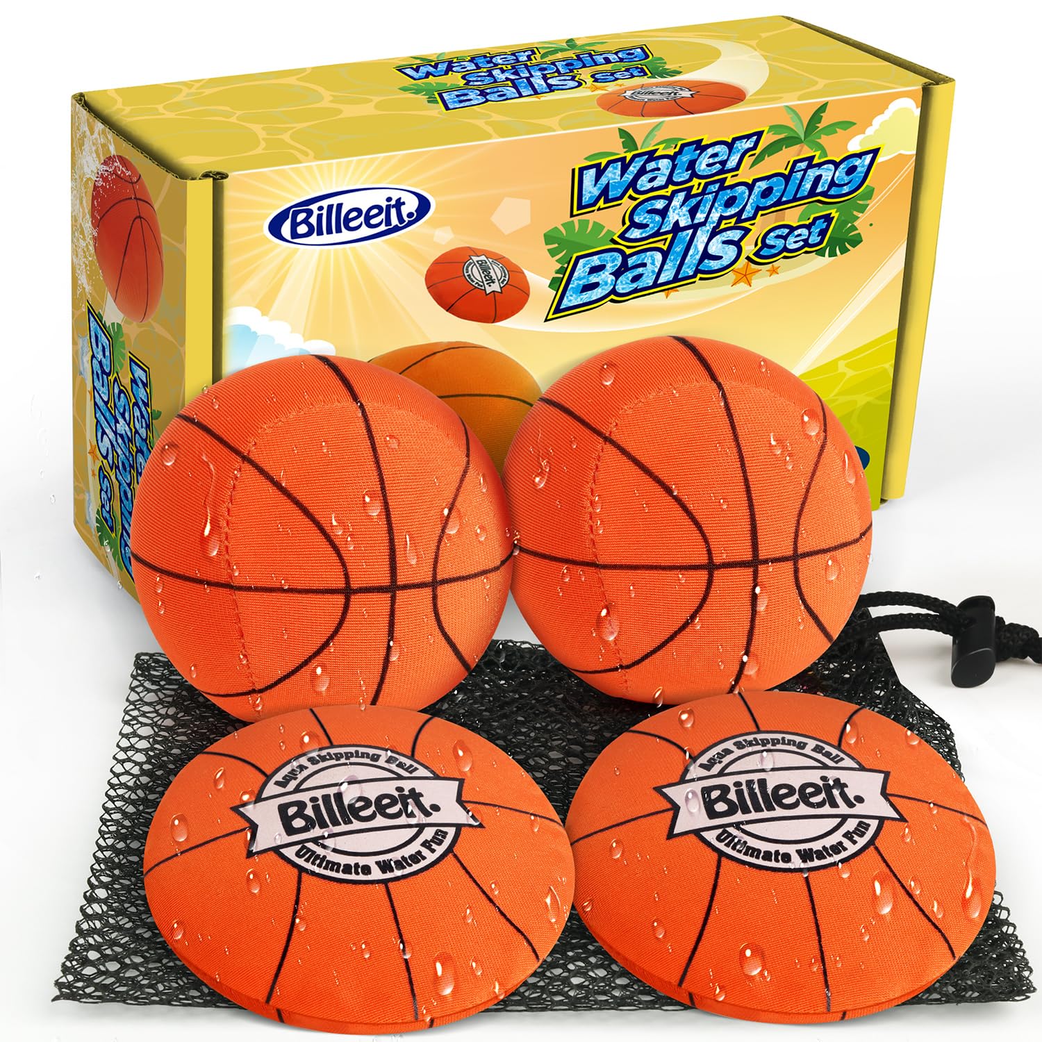 Billeeit 4Pcs Water Skipping Balls for Pool Play(Basketball Theme), Water Pool Beach Swim Toys for Kids Ages 4-8, 8-12 and Adults, Include 2 Balls and 2 Discs — image 1