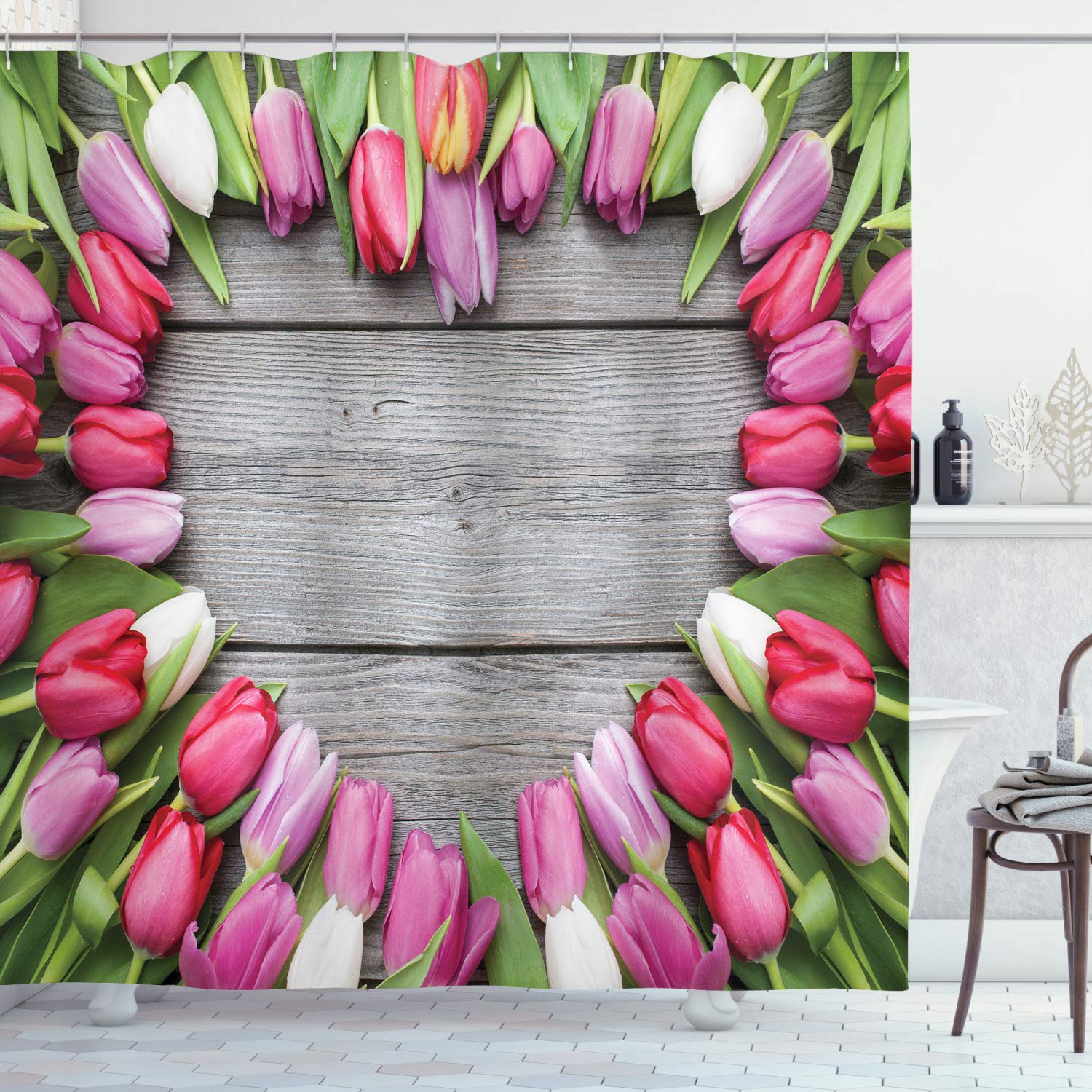 ABAKUHAUS Love Shower Curtain, Frame of Fresh Tulips Arranged on Old Wooden Table Countryside Nature Print, Cloth Fabric Bathroom Decor Set with Hooks, 70 Inches, Pink Green Umber