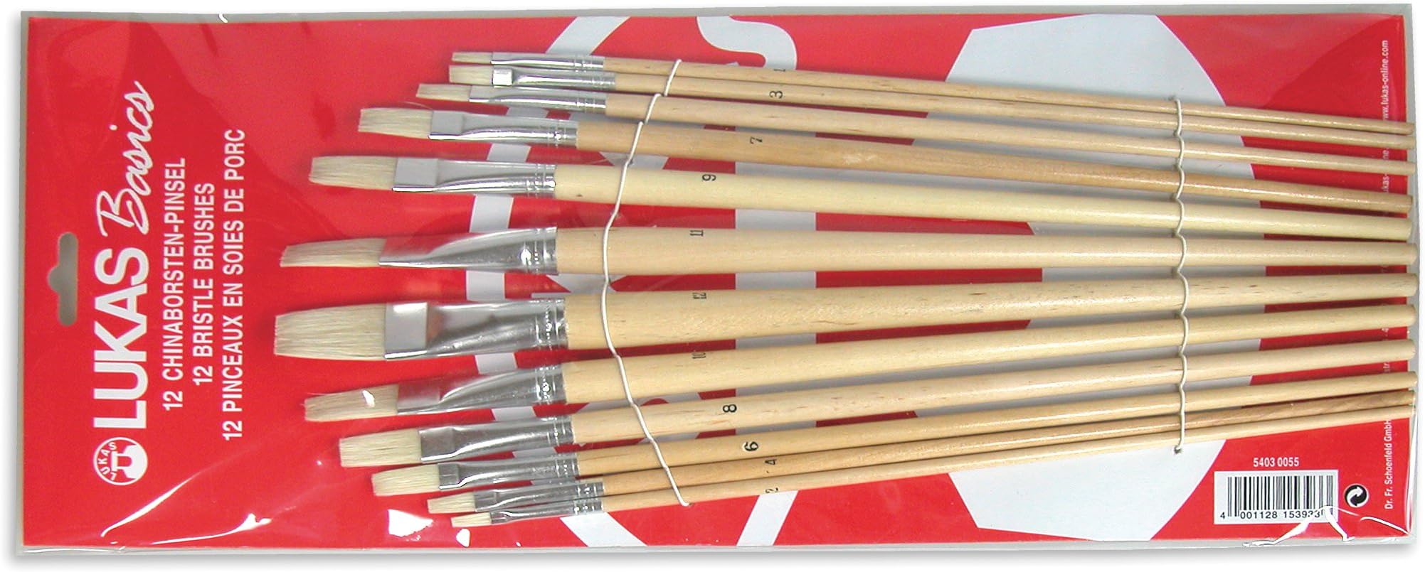 Lukas basics pure bristle paint brush starter set, 12 deck paint, oil, acrylic and gouache brush, size 2 to 24
