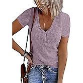 MEROKEETY Women's 2026 Summer Short Sleeve Tops Casual V Neck T Shirts Ribbed Knit Henley Button Basic Blouse