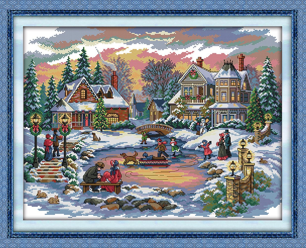 YEESAM ART Unstamped Cross Stitch Kits for Adults, Winter Scene Christmas Happy Time 14ct Counted Unprinted Embroidery Kit Needlework Wall Art Decor