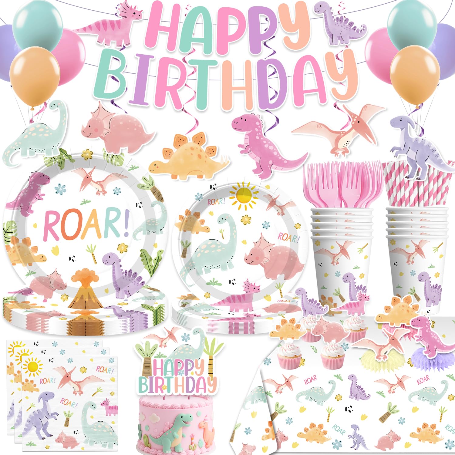 Photo 1 of 201 Pcs Pastel Dinosaur Birthday Decorations Girl, Dinosaur Birthday Banner, Cupcake Toppers, Disposable Table Cloth, Plates and Napkins Pink Watercolor Cute Girls Dino Theme Party Supplies