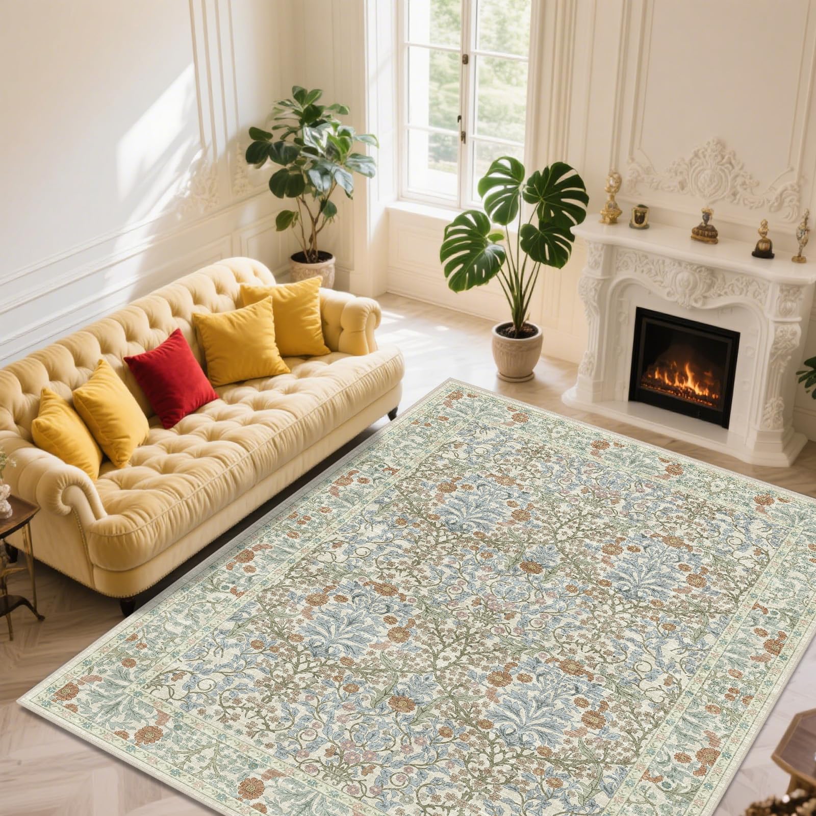 Photo 1 of shinefly Vintage Beige Blue Living Room Rug, 9x12 Washable Area Rugs for Dining Room Under Table, Soft Low Pile Large Carpet Bedroom, Non-Slip Boho Floral (9 x 12 Beige Blue)