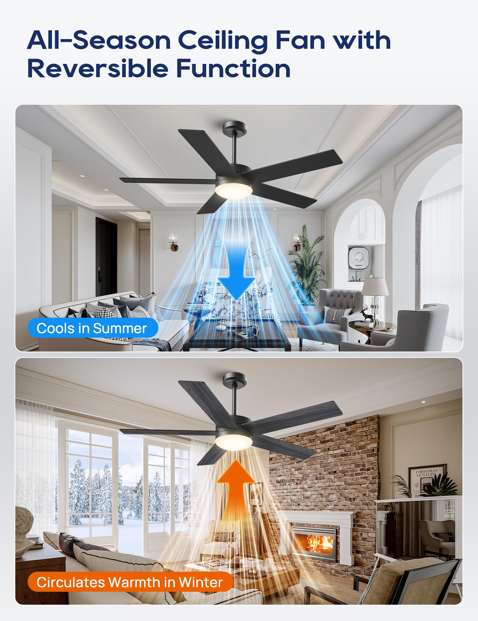 Ceiling Fans with Lights and Remote, 52 inch Ceiling Fans with Flush Mount, 22W 3-Color LED Light, 6 Speed Reversible, Dual Finish 5 Blades Noiseless for Patio, Living room, Indoor/Outdoor Use, Black
