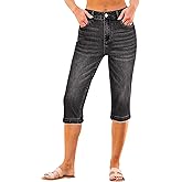 luvamia Capri Jeans for Women Trendy Mid Rise Distressed Raw Hem Casual Summer Stretchy Denim Capris Pants Relaxed Fit