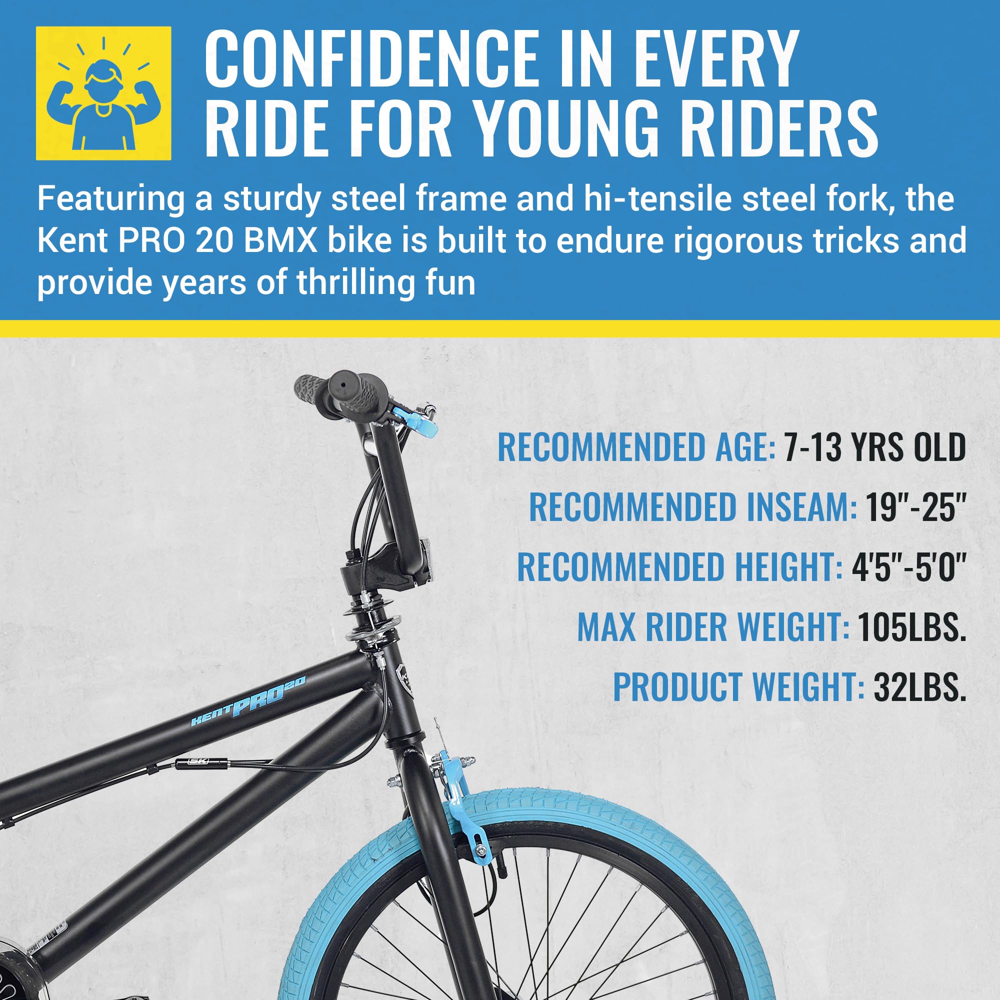 Kent International 20 Inch Kent PRO 20 - 20 Inch BMX Bike with Front & Rear Hand Brakes and Padded BMX Saddle - Sturdy Bicycle for Kids with Adjustable Handlebar