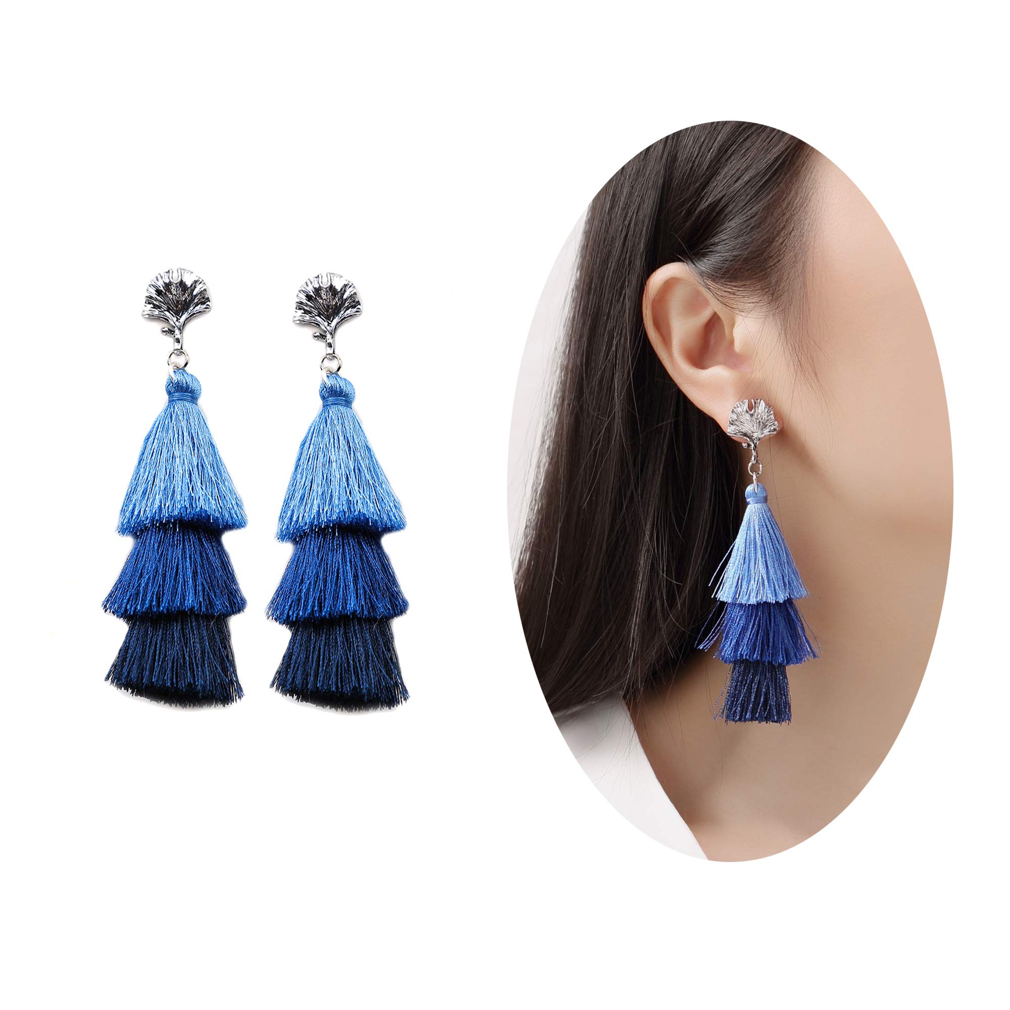 MVCOLEDY Women\'s Tassels Dangle Earrings Handmade Colorful Layered Tassel Elegant Jewellery Bohemian Style Ethnic Eardrop Drop Tiered Tassel Druzy Stud Earrings Women Gifts (Blue Ombre)