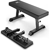 Weight Bench, Foldable Flat Bench with Gym Quality 1300 LBS Capacity | 5-level height, 2.5" thick cushion, sturdy T-Legs, compact storage flat bench for weight training and ab exercises, black