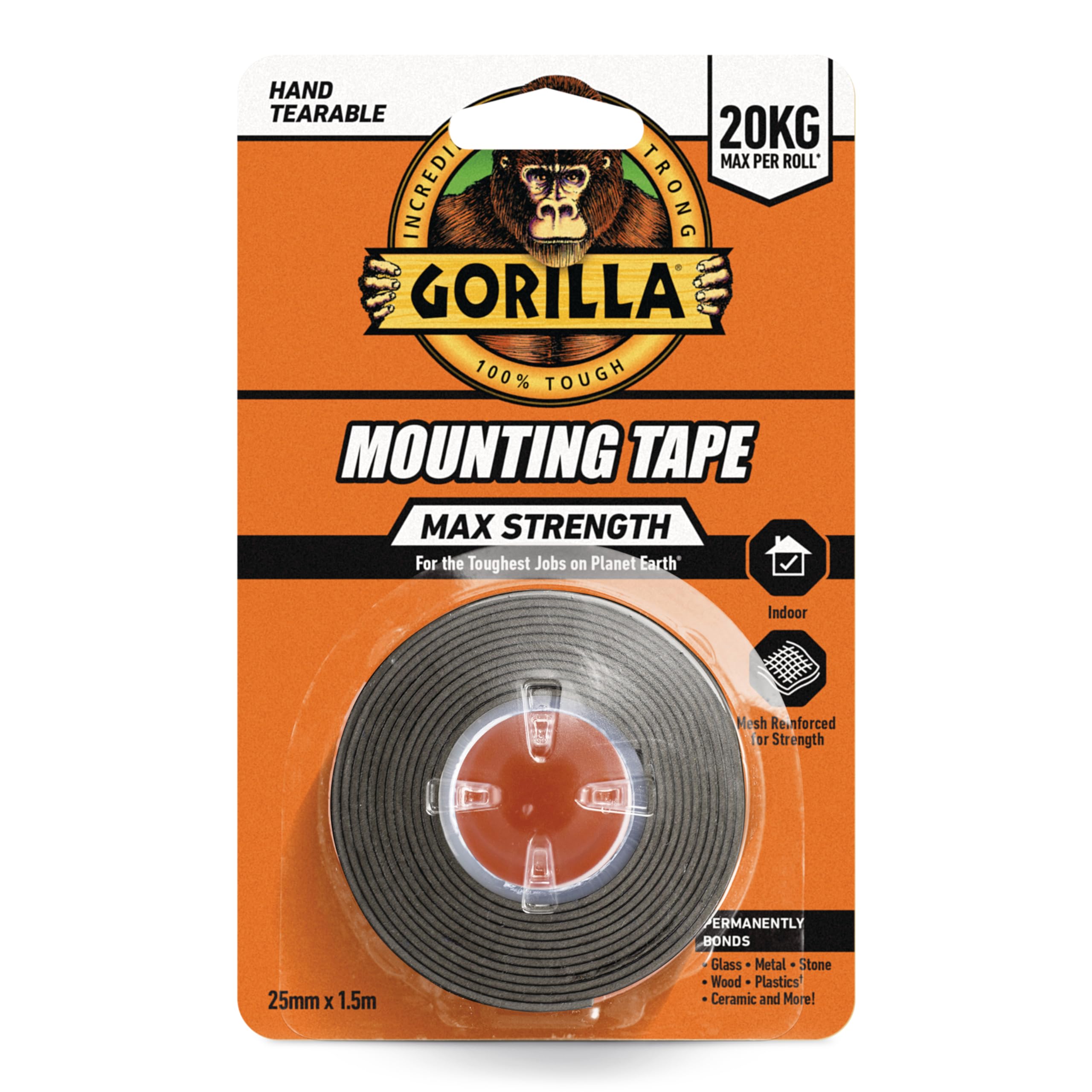 Gorilla Max Strength Indoor Mounting Tape, 25mm x 1.5m – Heavy-Duty Double-Sided Tape for Permanent Bonds | Hand Tearable & Mesh Reinforced for Strength