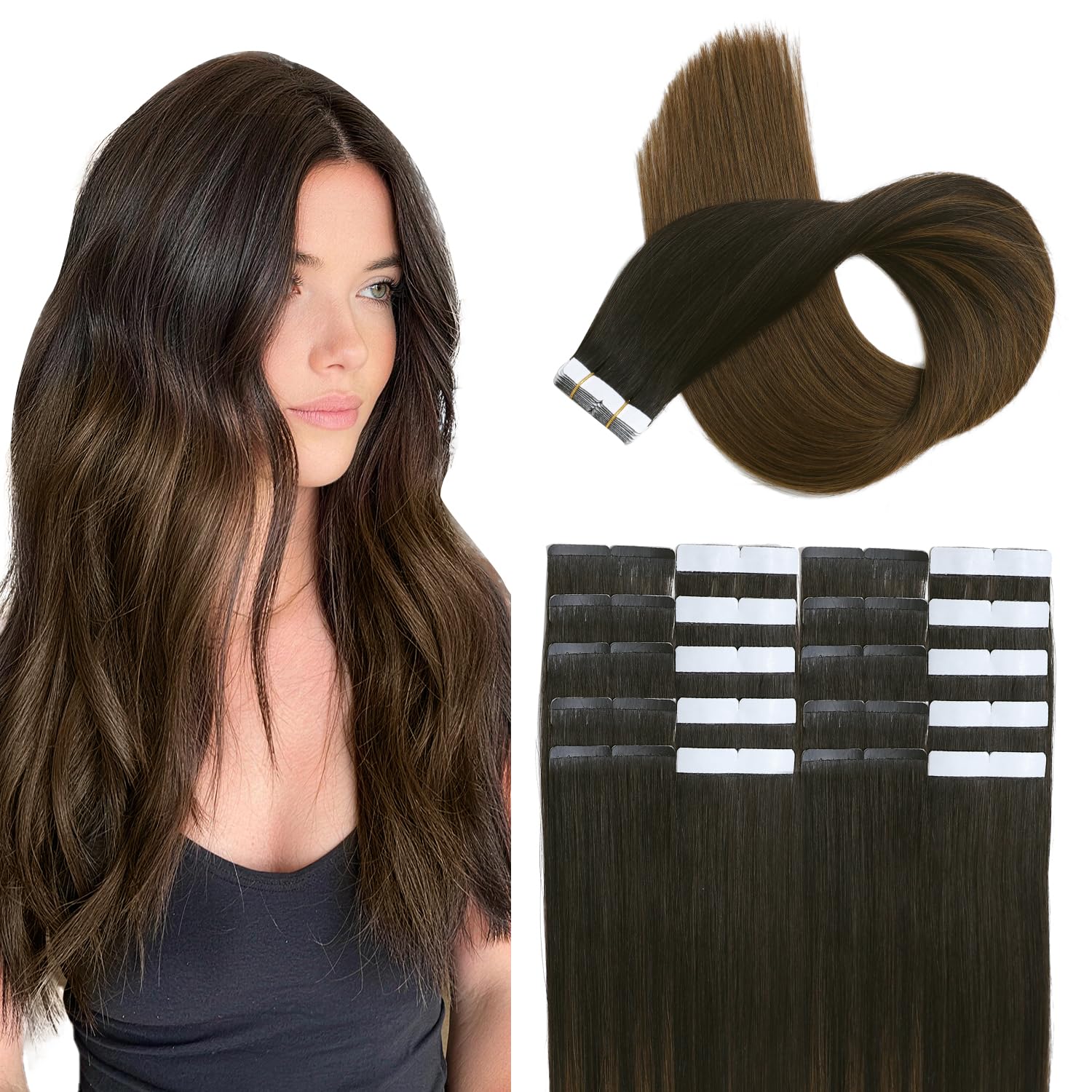 XDhair Tape in Real Human Hair Extensions 20Pcs 50G 22Inch Ombre Natural Black to Medium Brown Tape in Hair Extensions for Fashion Women(#1B/4,22Inch)
