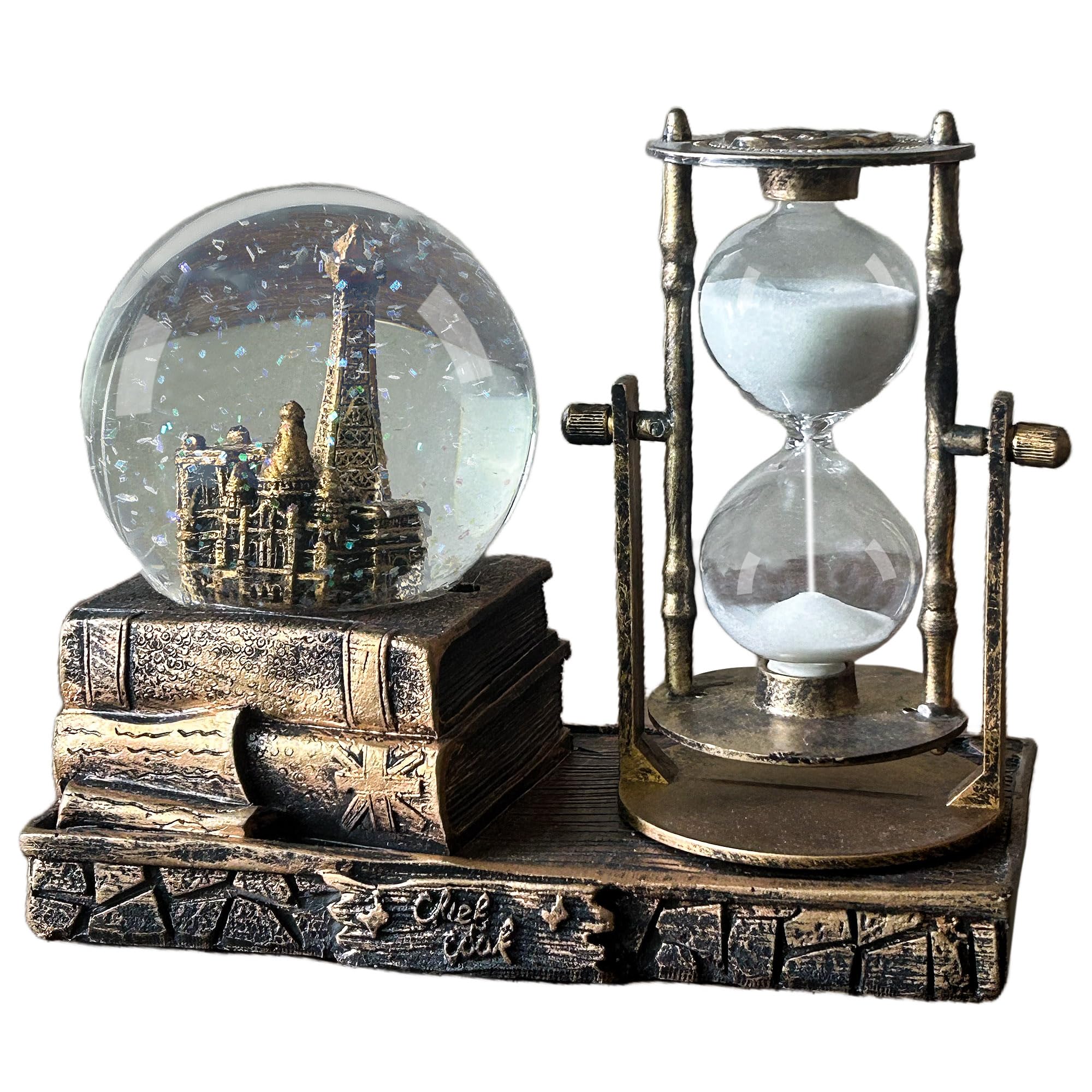 Photo 1 of Crystal Snow Globe with Hourglass Timer, LED Light Musical Globe Music Box, Vintage Book Tower Decoration for Home Living Room Desktop Bookshelf