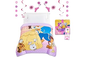 Disney Beauty and The Beast Bedspread Twin Set for Kids - Bundle with Princess Belle Quilted Bedspread for Twin Bed Plus Room Decor, More | Beauty and The Beast Twin Bedding Set for Girls