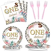 QOUBAI 100Pcs Wonderland 1st Birthday Party Supplies - Onederland 1st Birthday Paper Plates, Napkins, Fork Set, Disposable Fairy Tableware Decorations for Girls Baby Shower Dinner Serves 25