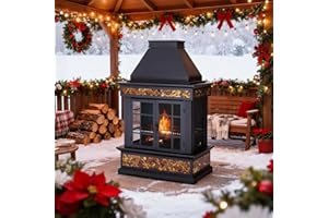 EROMMY 57" Outdoor Fireplace, Tile Finish Wood Burning Steel Fire Pit with Removable Ash Pan & Grate, Chimney, Fire Poker, Rain Cover, Idea for Backyard, Patio, Party