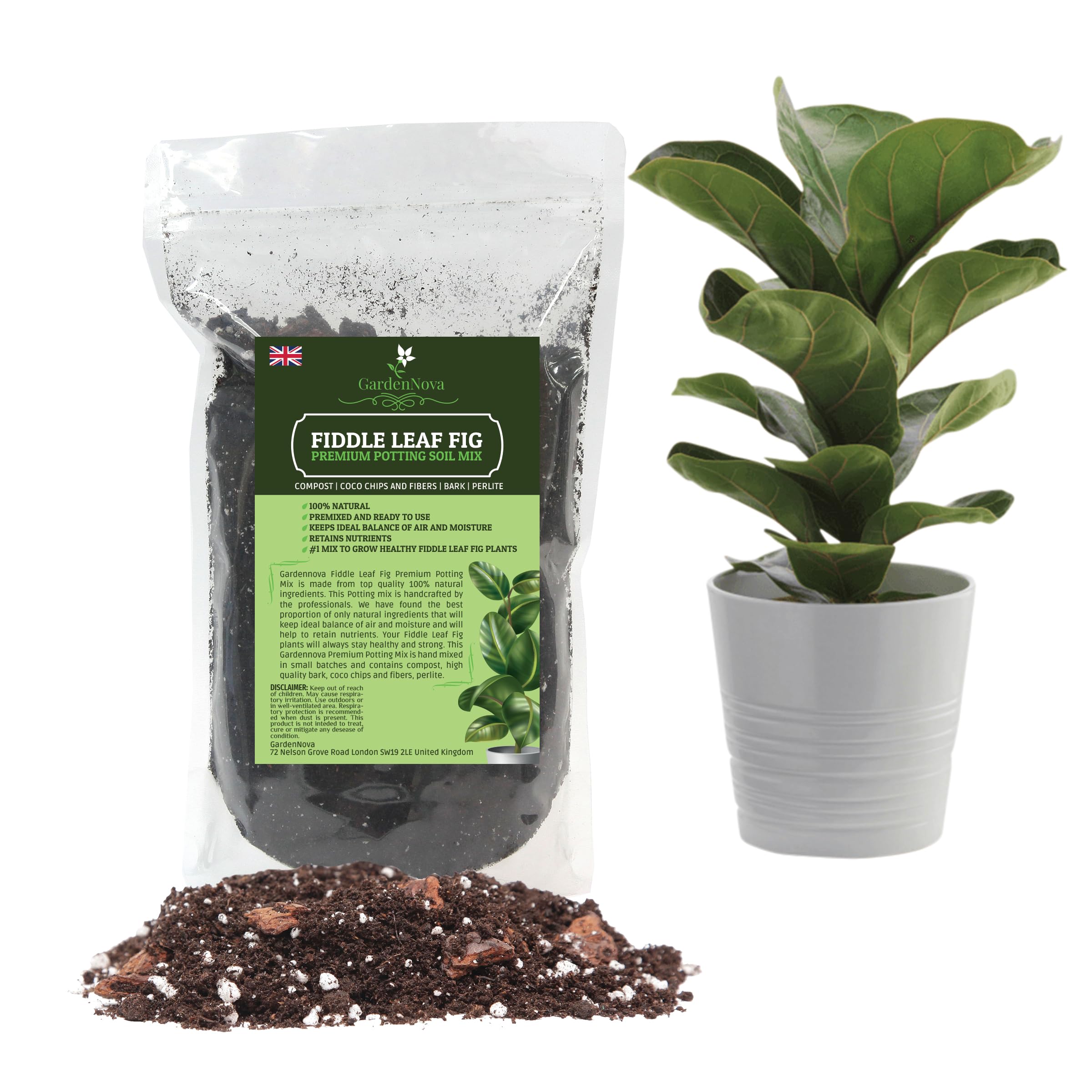 Fiddle Leaf Fig House Plant Soil Premium All Purpose Blend – Premium Compost, Bark, Coco Chips and Fibers, Perlite - 2 Liters Bag