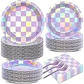 Yiaoyinnz 200Pcs Iridescent Birthday Party Supplies Purple Checkered Tableware Birthday Party Dinnerware Sets Purple Iridescent Paper Plates Napkins and Forks for Baby Shower Decor Serve 50 Guests