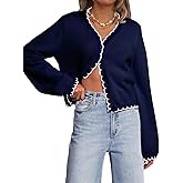 Mieazom Women Long Sleeve Cardigan Button Down Knit Jackets Open Front Cropped Contrast Color Trim Sweaters Fall Winter