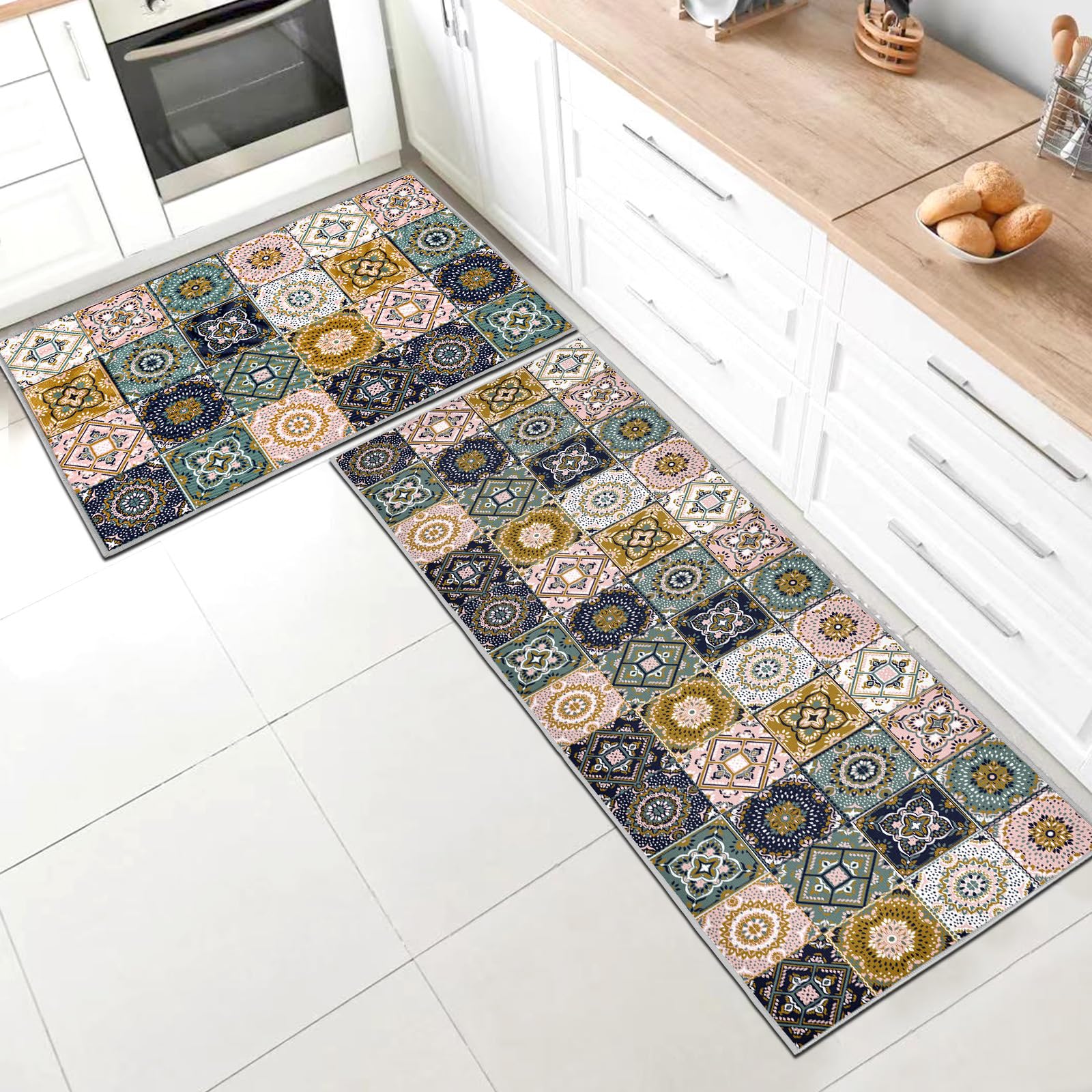 SHUAIG Kitchen Rug Set 2 Piece Non Slip Washable,Kitchen Mat Anti Fatigue Set,kitchen carpets with anti-slip stickers for Home Decoration(Style Q, 40x60 + 40x120 cm)