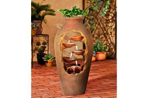 Cascade Rustic Outdoor Floor Urn Waterfalls Fountain 33" High with LED Light and Planter Decor for Garden Patio Yard Deck Home Lawn Porch House Relaxation Exterior Balcony - John Timberland
