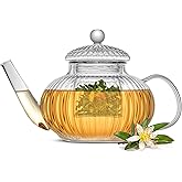 JoyJolt Fluted Glass Teapot Set 34oz, Stovetop Safe Tea Kettle, Borosilicate Clear Kettle with Removable Glass Infuser, Blooming and Loose Leaf Tea Maker and Brewer