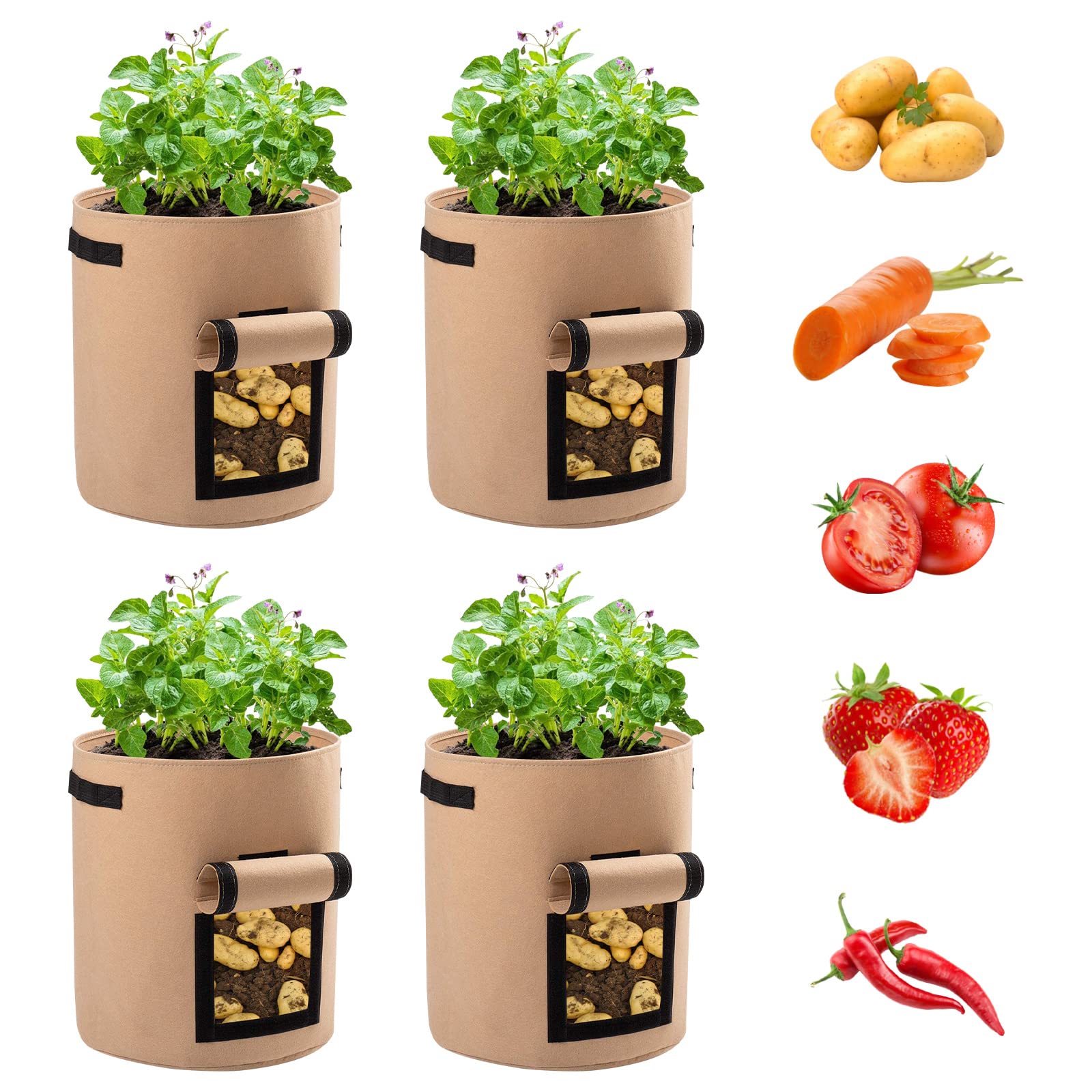 Ohiyoo Potato Grow Bags 4 Pack 10 Gallon Potato Growing Bags, Nonwoven Fabric Pots with Handles and Window Flap, Vegetable Growing Containers Planter for Potato Tomato Carrot Onion (Brown)