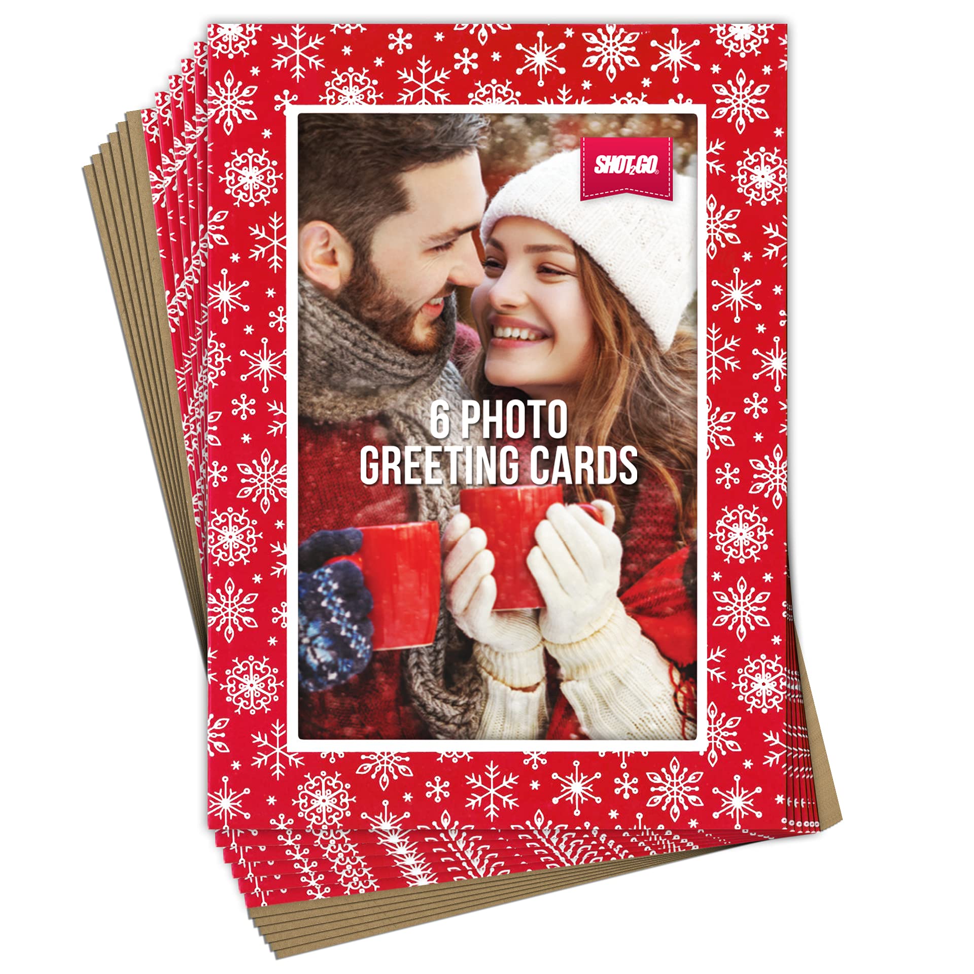 Shot2go Pack of 6 Christmas Photo Cards Red White Snowflake - each holds one 4x6 photo