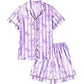Sylfairy Girls Pajamas Silk PJS Set Bow Satin Sleepwear Short Sleeve Jammies for Kids Button-Down Nightwear size 7-8 10-12