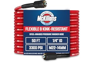 McKillans® Pressure Washer Hose 50 ft - Flexible & Kink-resistant - Steel-Braided & Durable- M22-14mm Stainless Steel Plug - Power Washer Hose - High Pressure 1/4" Inner Diameter - Long 50 ft Reach
