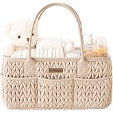 Konssy Baby Diaper Caddy Organizer, Braided Quilted Design with PU Handles | Water-Repellent, Portable Diaper Caddy Basket, Baby Basket Shower Gift, Newborn Nursery Essentials Registry (Braided Beige)