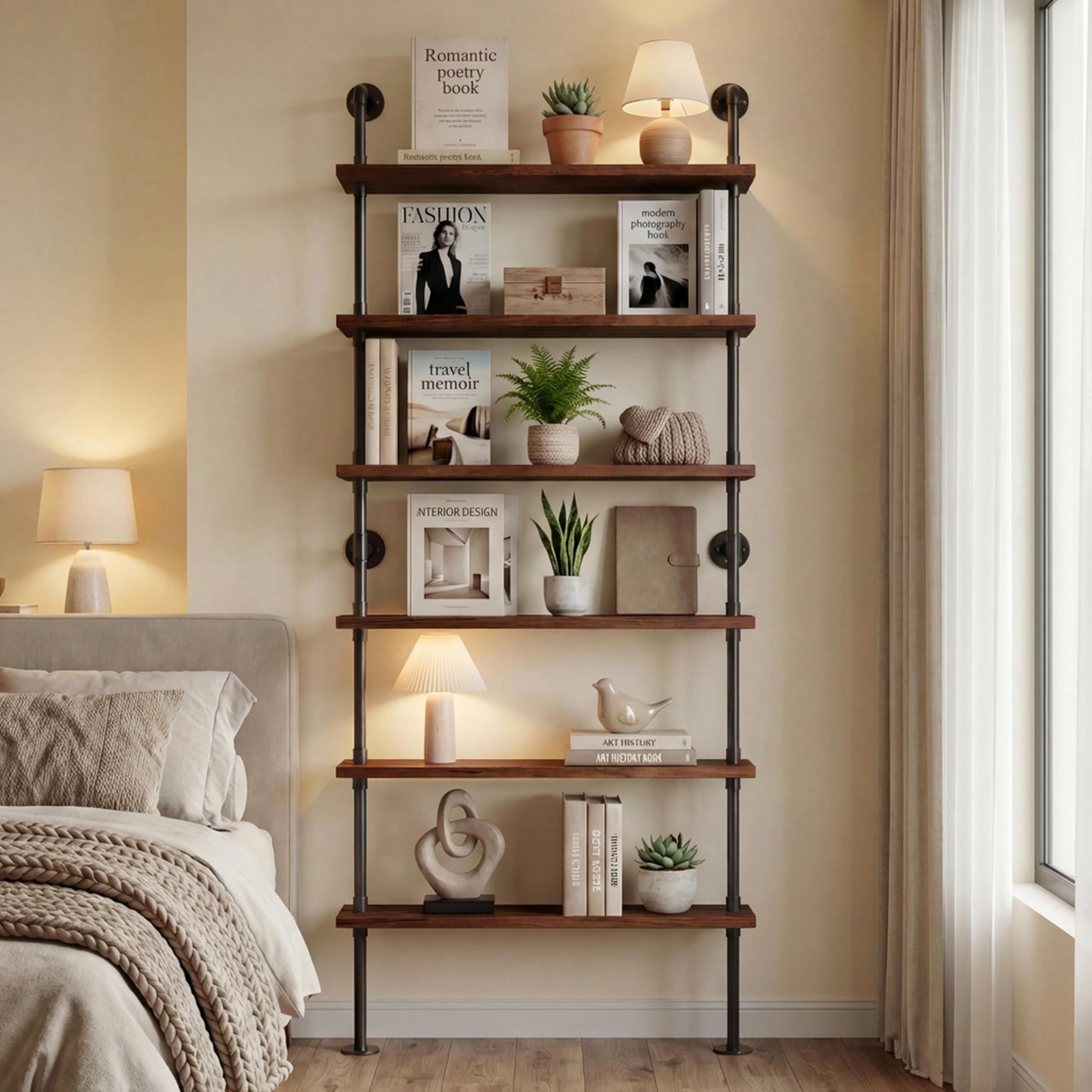Photo 1 of *Scratches* Anynice 6 Tier Industrial Ladder Shelf Bookcase, Wall Mounted Rustic Bookshelf for Living Room Decor and Storage (Walnut Color, 6 Tier - 10" D x 36" W x 82.5" H)