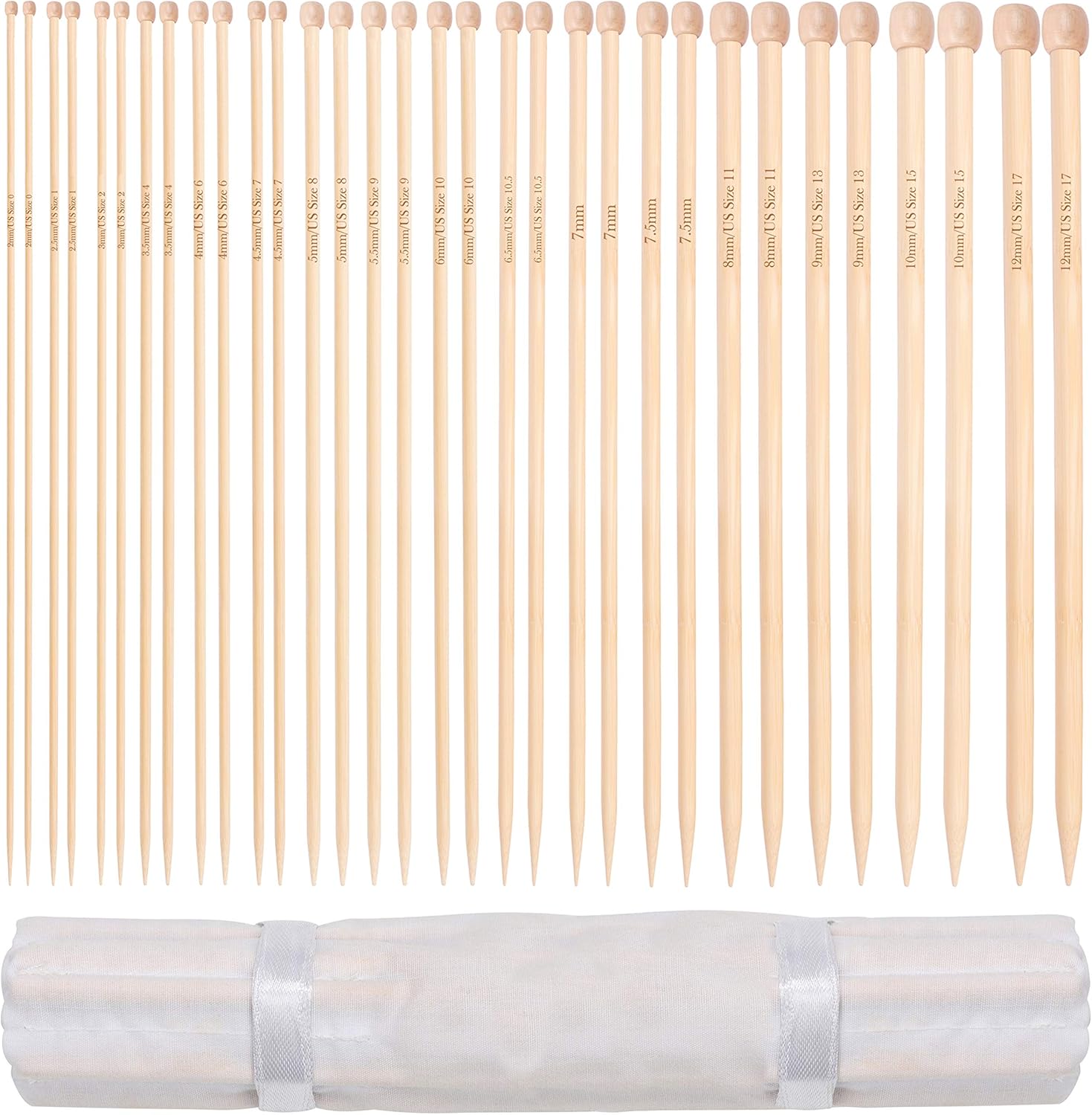 Curtzy Bamboo Knitting Needle Set, 16 works of Wooden Straight Knitting Needles with Storage Case
