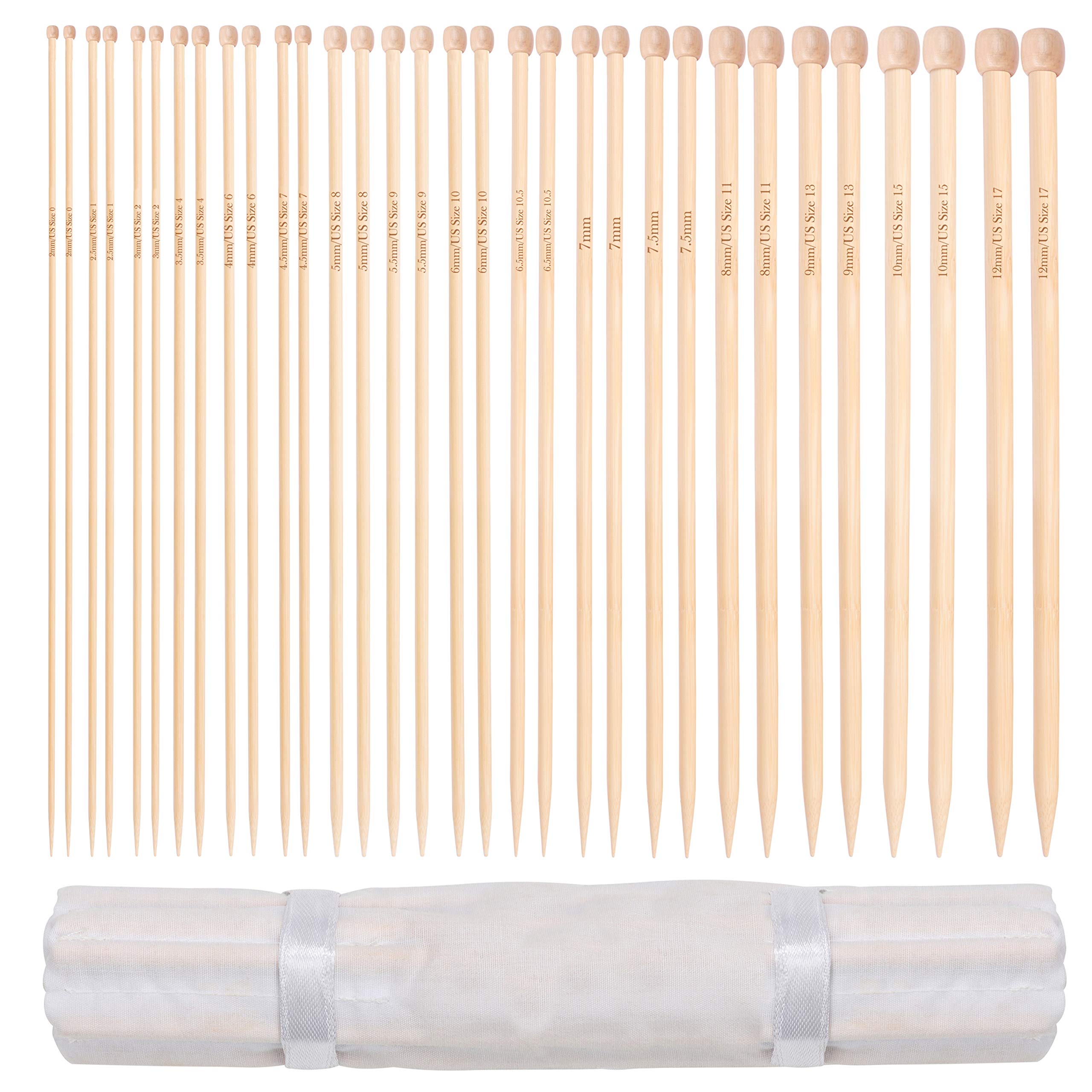 Curtzy Bamboo Knitting Needle Set 16 Pairs of Wooden Straight