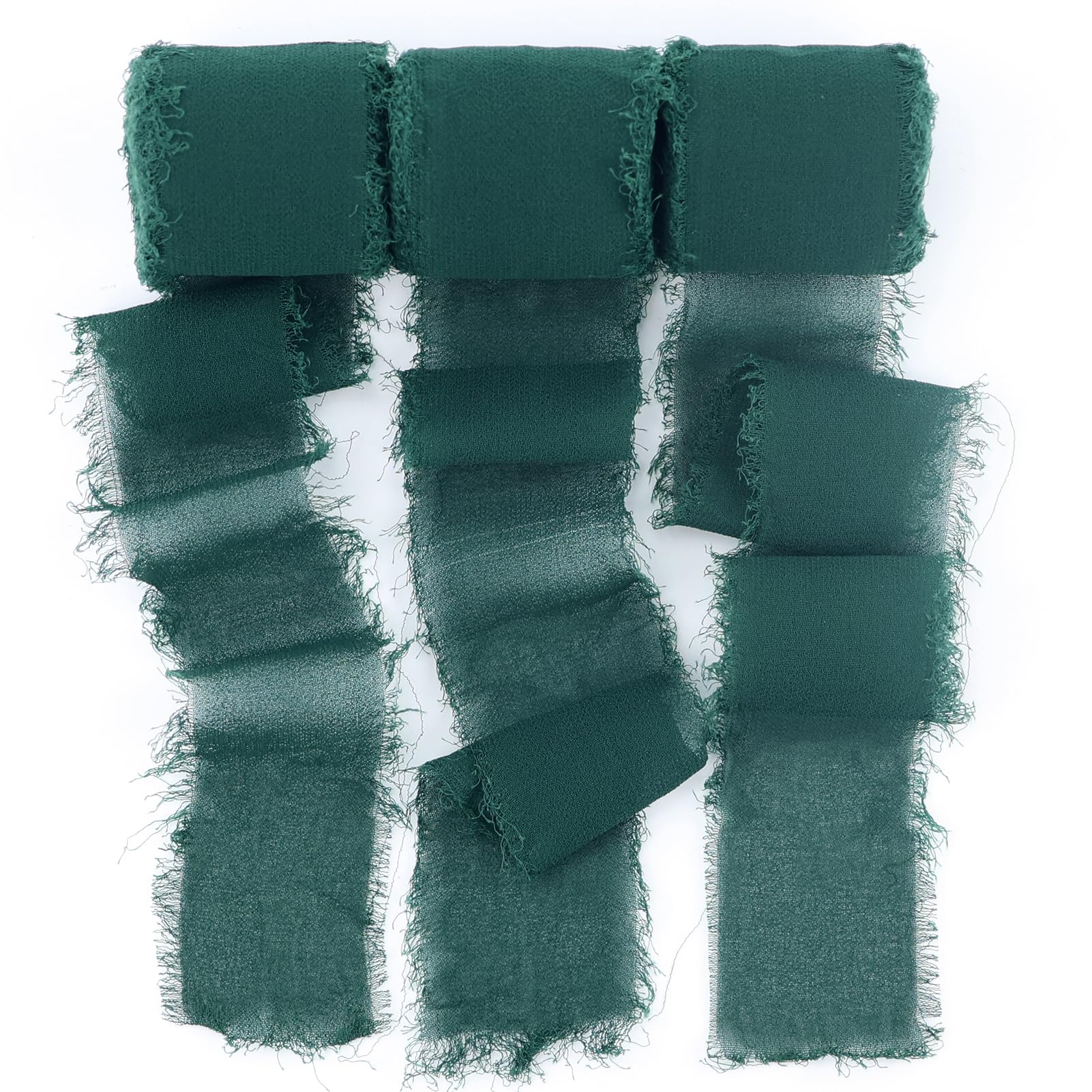 Chiffon Ribbon 3 Rolls 1.5 inch X 5.5 Yard Dark Green Handmade Fringe Silk Ribbon Set for Gift Wrapping, Wedding Invitations, Bridal Flower Bouquets, Baby Shower, DIY Crafts