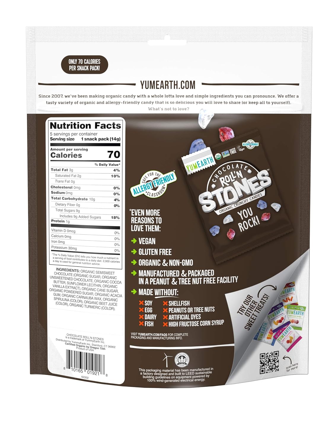 YumEarth Organic Vegan Chocolate Roll'n Stones, 5 Snack Packs per bag, (Pack of 12) - Allergy Friendly, Non GMO, Gluten Free : Grocery & Gourmet Food