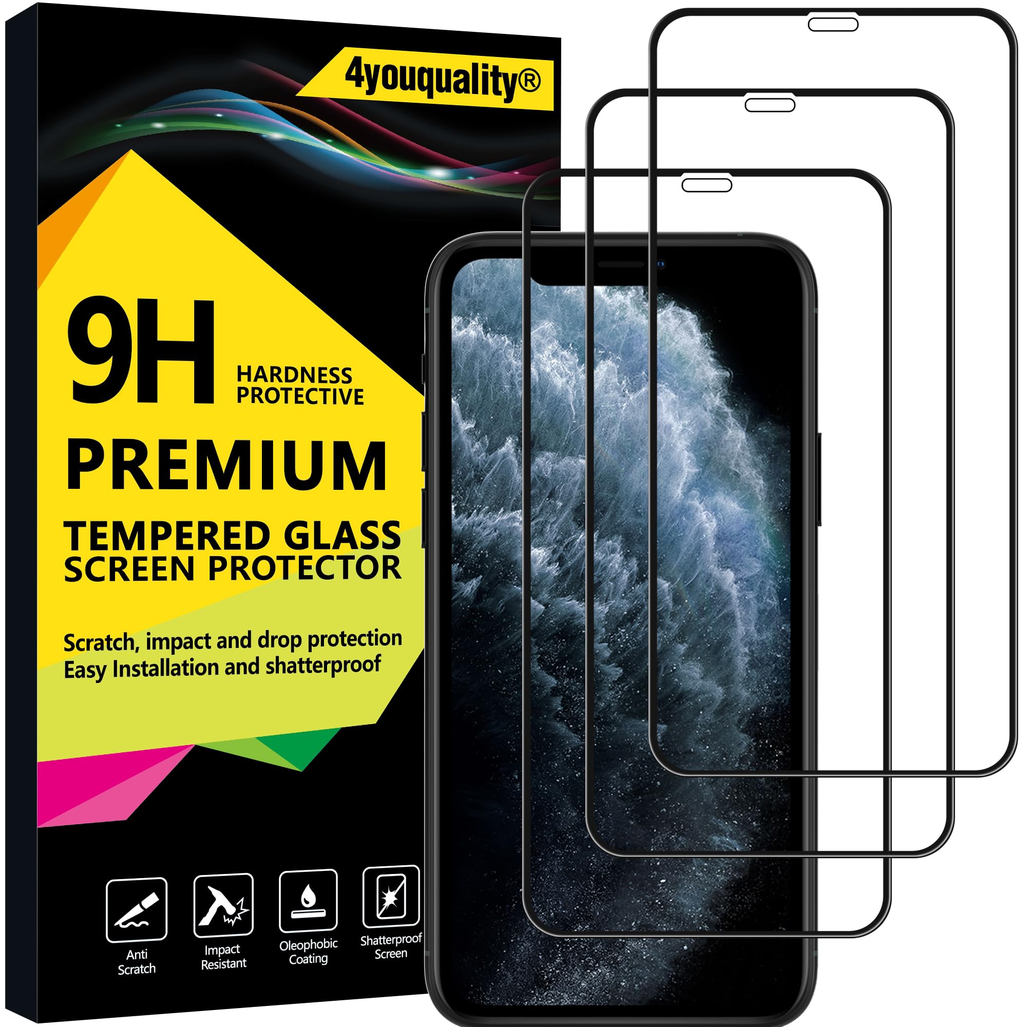 4youquality [3-Pack[Full Coverage] iPhone 11 Pro, iPhone XS and iPhone X Screen Protector, Tempered Glass Film [Full-Coverage][LifetimeSupport] Screen Protector for iPhone X/XS & iPhone 11 Pro