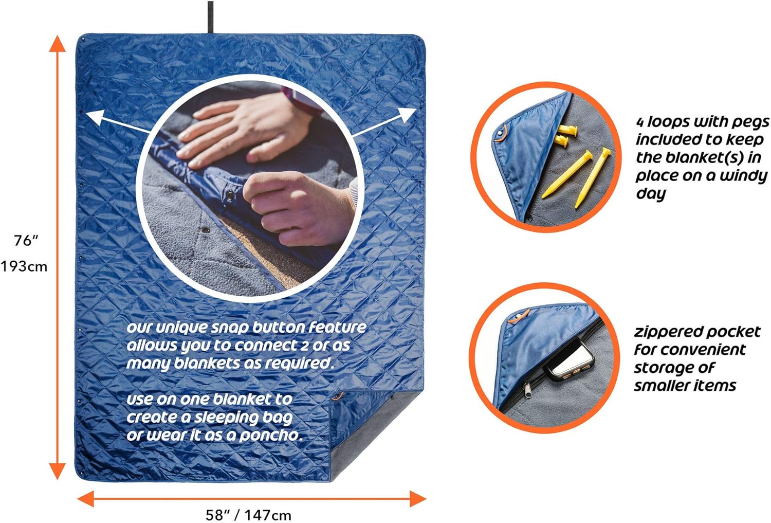 Connect Outdoors Camping Blanket Waterproof Windproof Packable Foldable Extendable Warm Quilted Fleece for Picnic, Beach, Backpacking, Travelling, Festivals, Pet - Car Seat Cover, Large 76 x 58 Inch: Kitchen & Dining