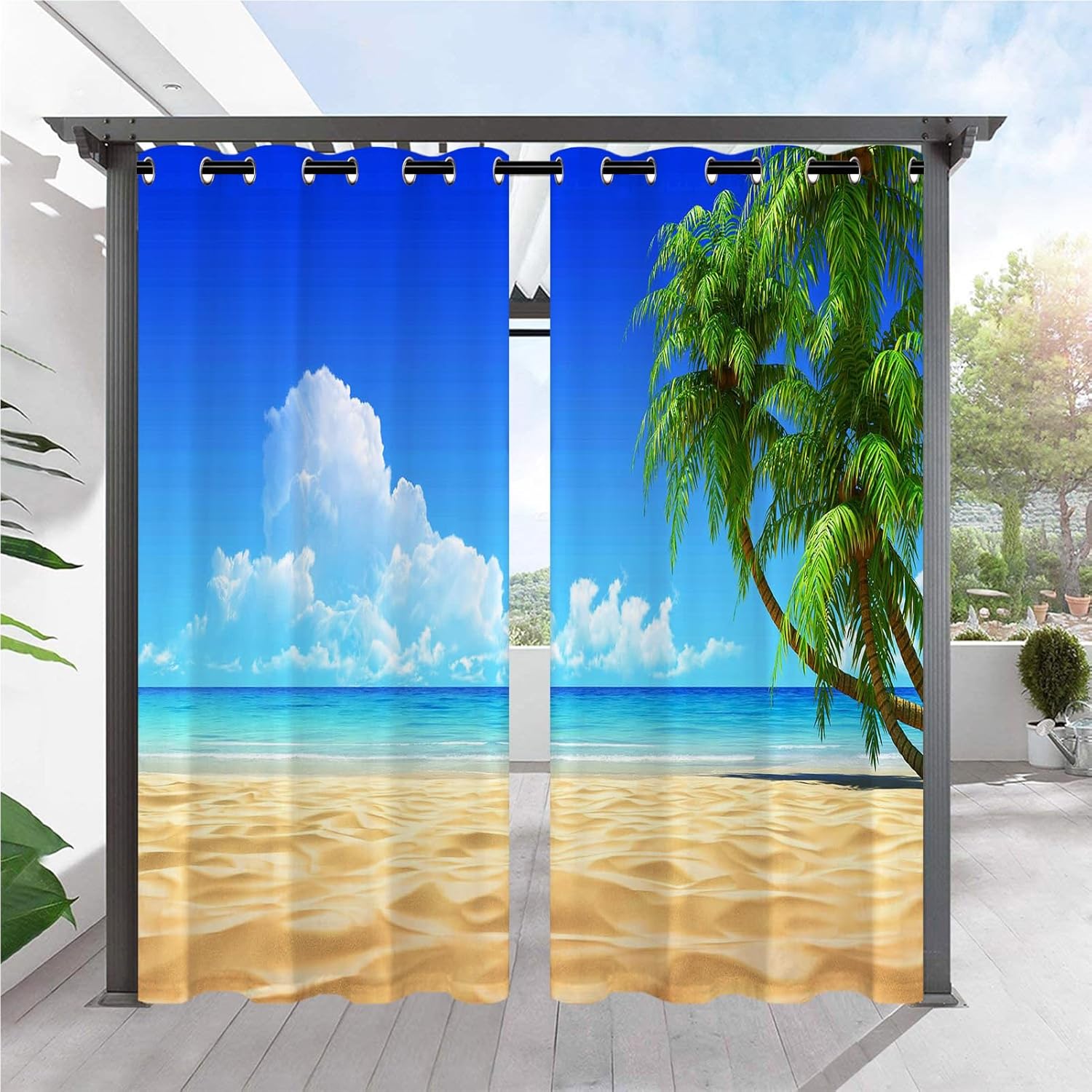 Outdoor Curtains - ANHOPE Indoor Outdoor Curtains for Patio Waterproof Grommet Curtains with Palm Tree Golden Beach Ocean Pattern Privacy Outside Curtain for Pergola Gazebo Porch Cabana Pool 2 Panels 54 x 84 Inch