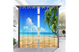 ANHOPE Indoor Outdoor Curtains for Patio Waterproof Grommet Curtains with Palm Tree Golden Beach Ocean Pattern Privacy Outside Curtain for Pergola Gazebo Porch Cabana Pool 2 Panels 54 x 84 Inch