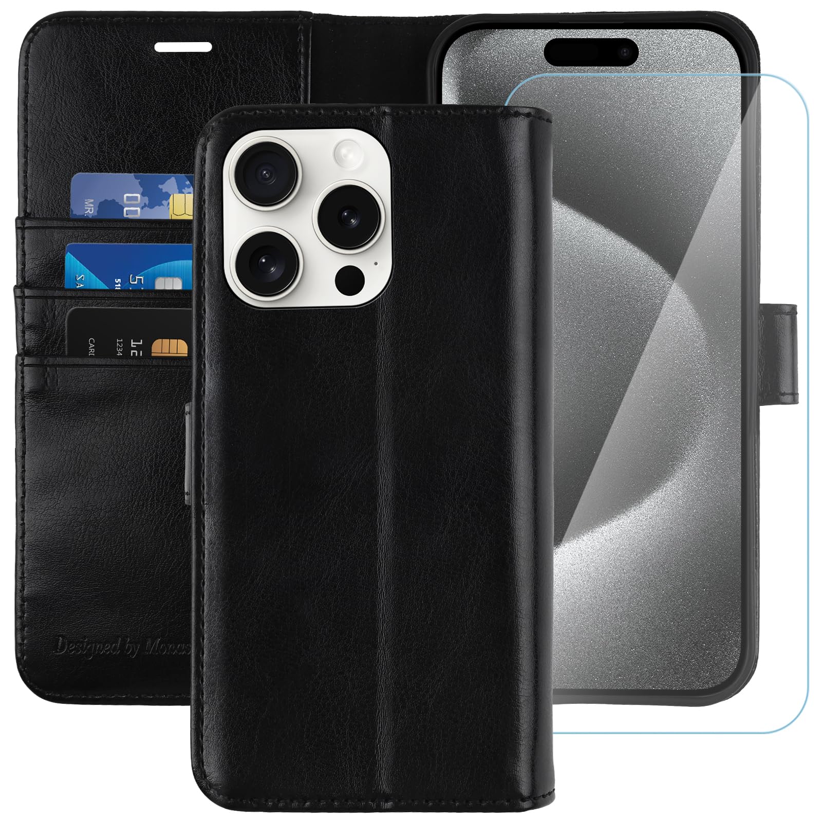 MONASAY for iPhone 15 Pro Max 5G Wallet Case,6.7-inch, [Glass Screen Protector Included] [RFID Blocking] Flip Folio Leather Cell Phone Cover with Credit Card Holder, Black — image 1